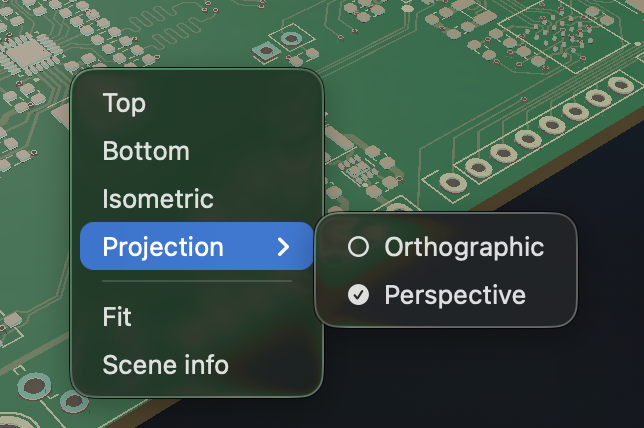 3D projection menu with orthographic and perspective options