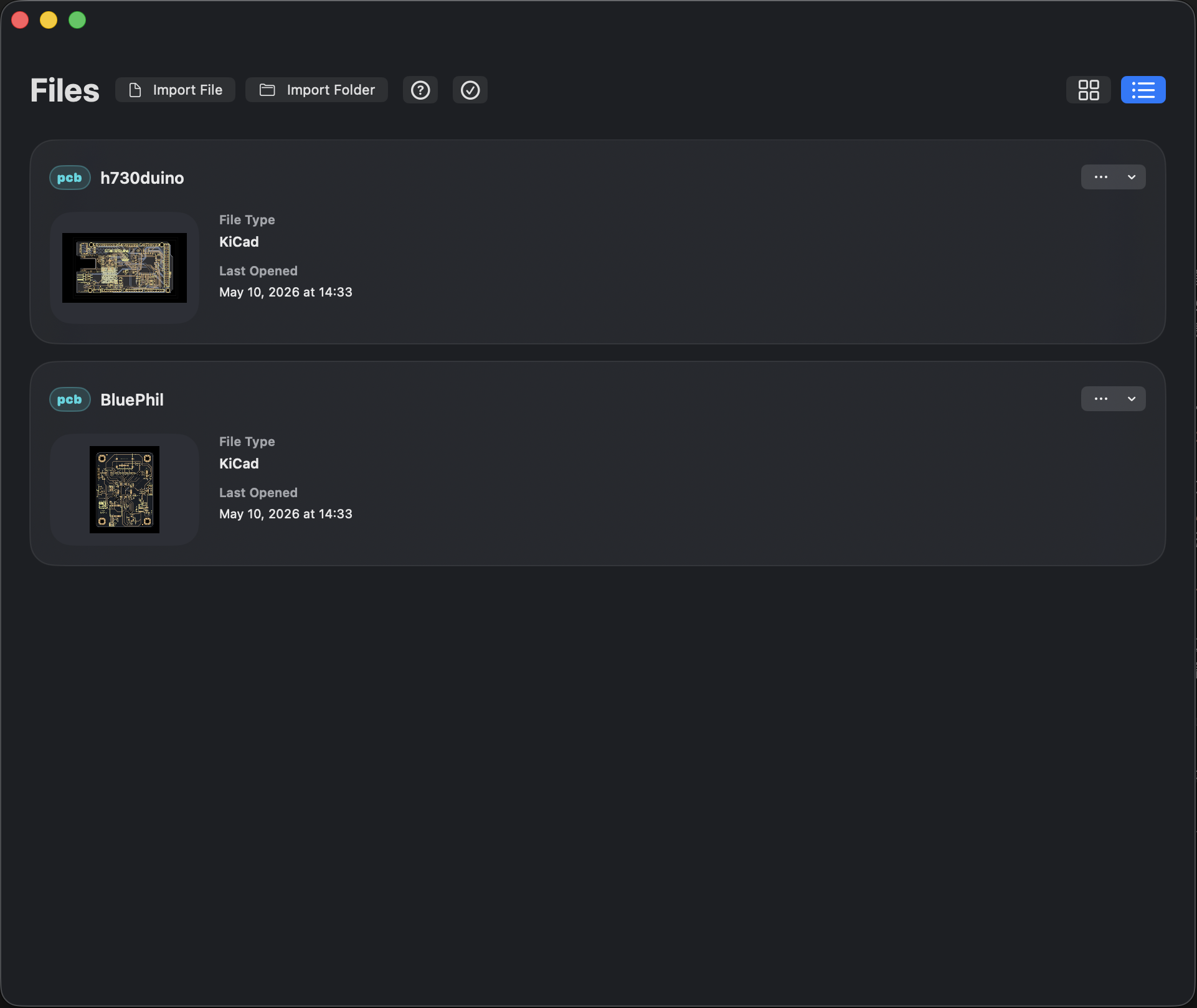 Library list layout with sample boards