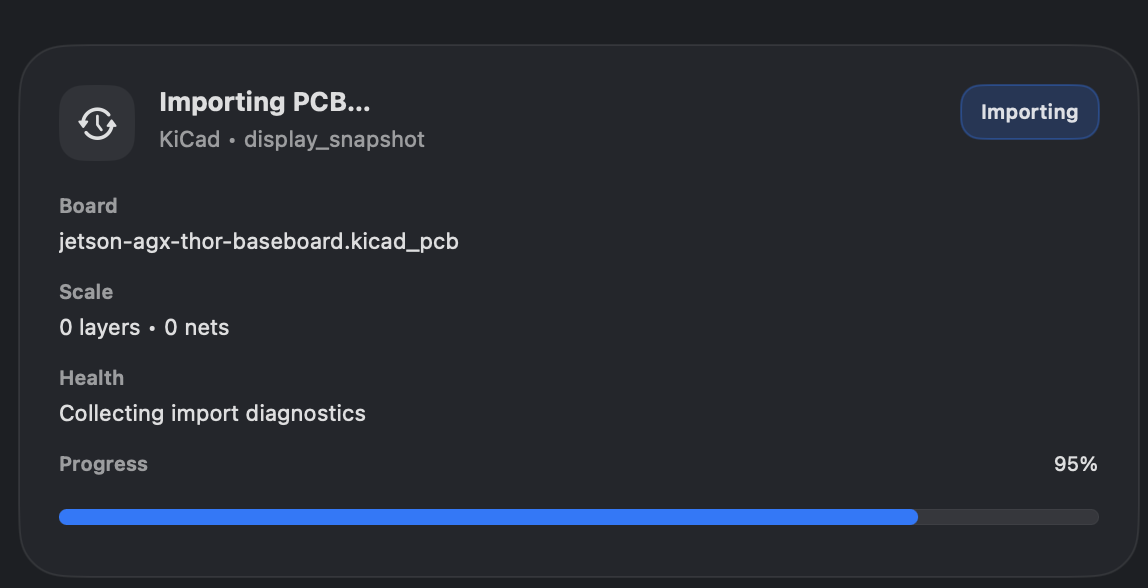 Import progress banner with stage and percentage