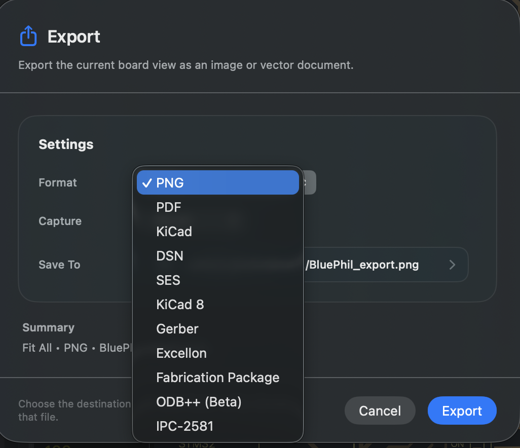 Export format options reference