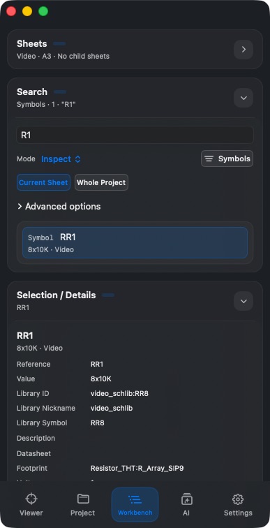Schematic search results with Selection / Details in the narrow shell
