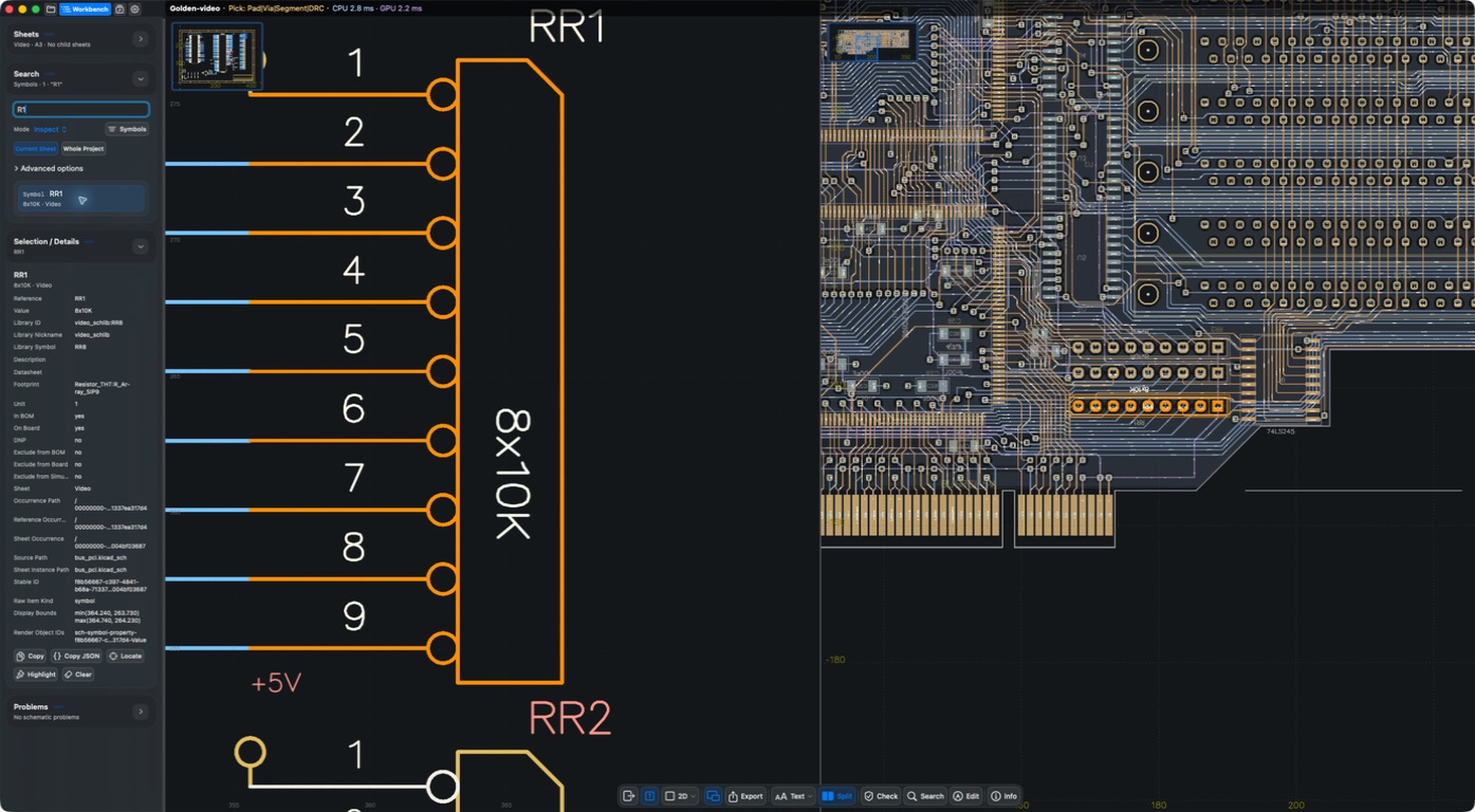 Schematic search for RR1 highlighting the linked PCB footprint