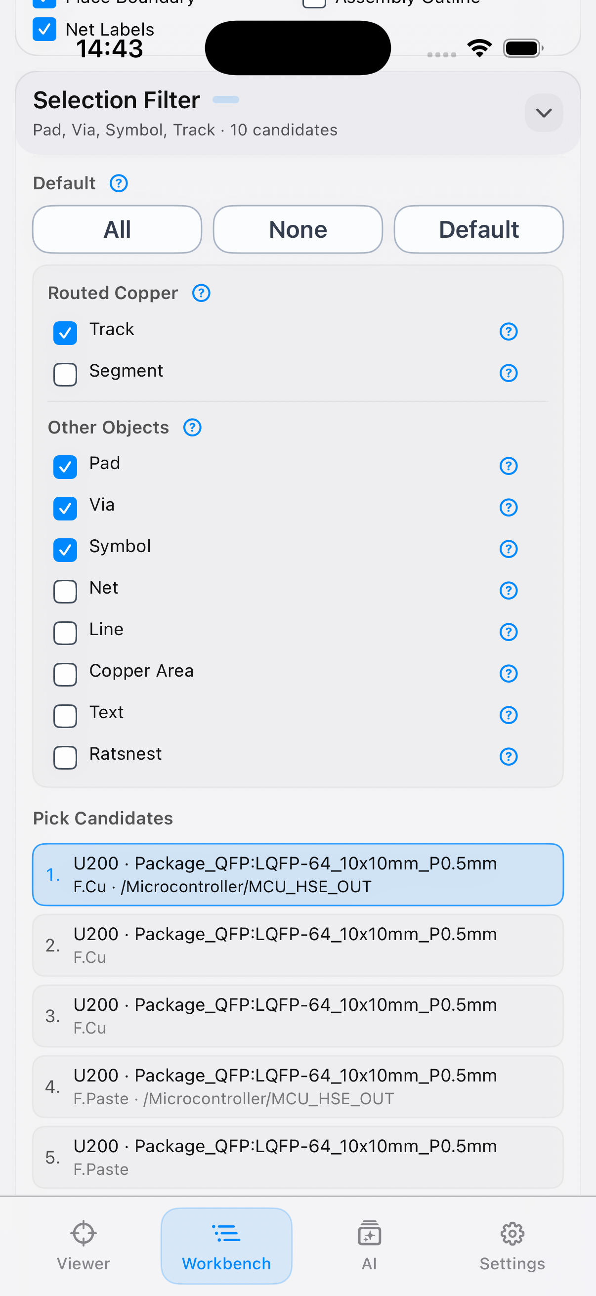 Selection filter card on iPhone