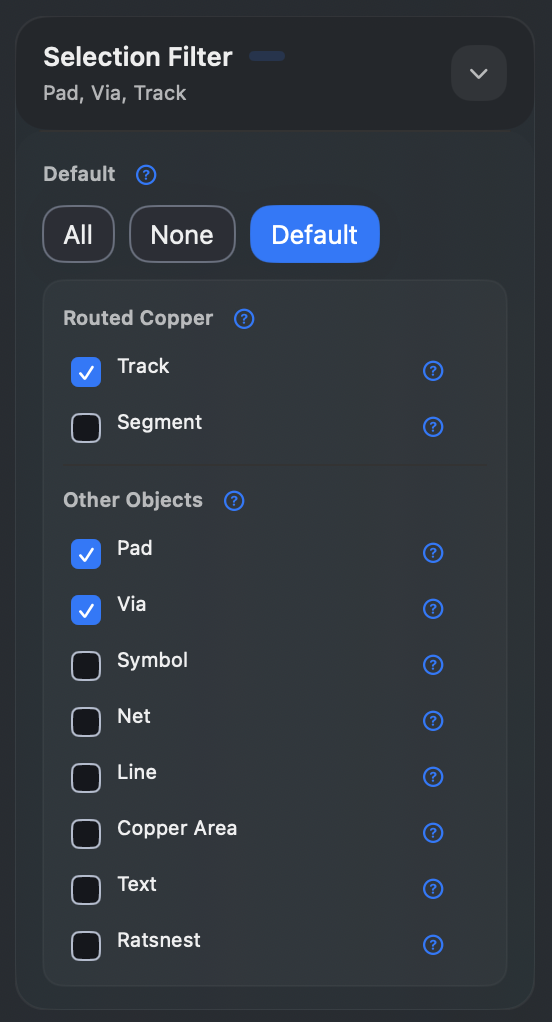 Selection filter card on desktop