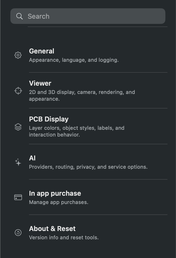 Settings categories overview