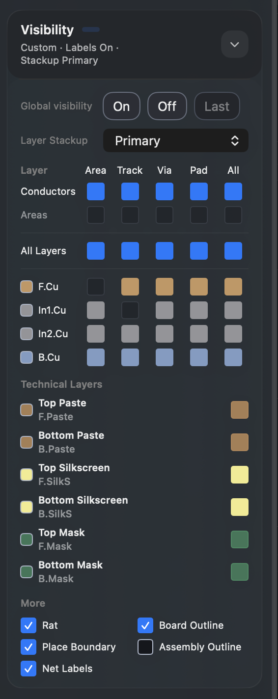 Visibility card with layer and semantic toggles