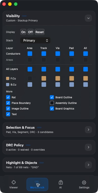 Visibility section in narrow-shell Workbench