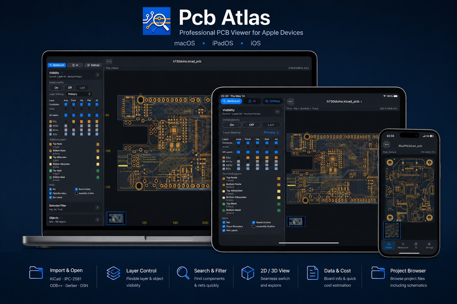PCBAtlas website poster showing the PCB viewer interface on macOS, iPadOS, and iOS.